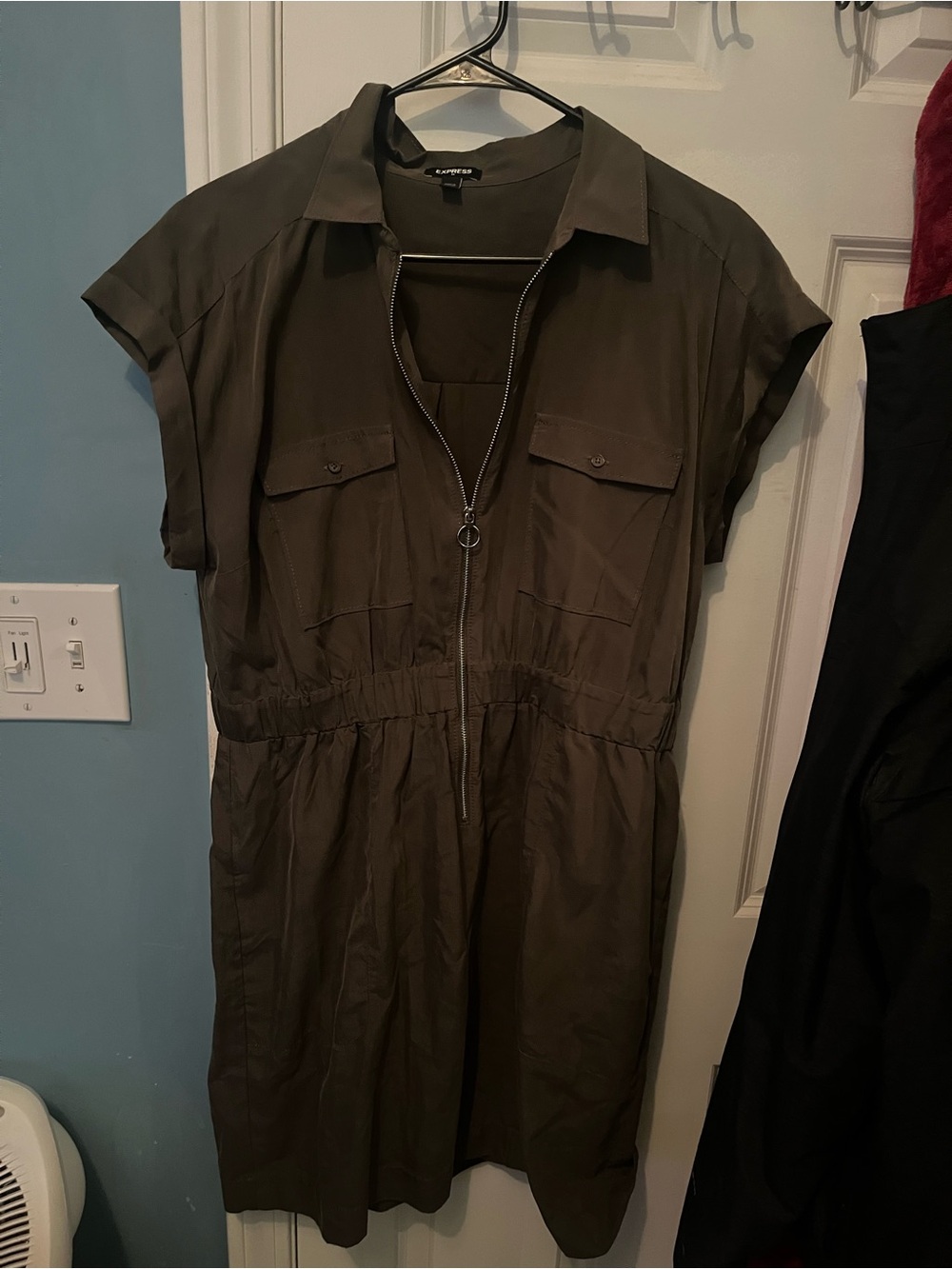 Express Olive Utility Zip-Front Midi Dress